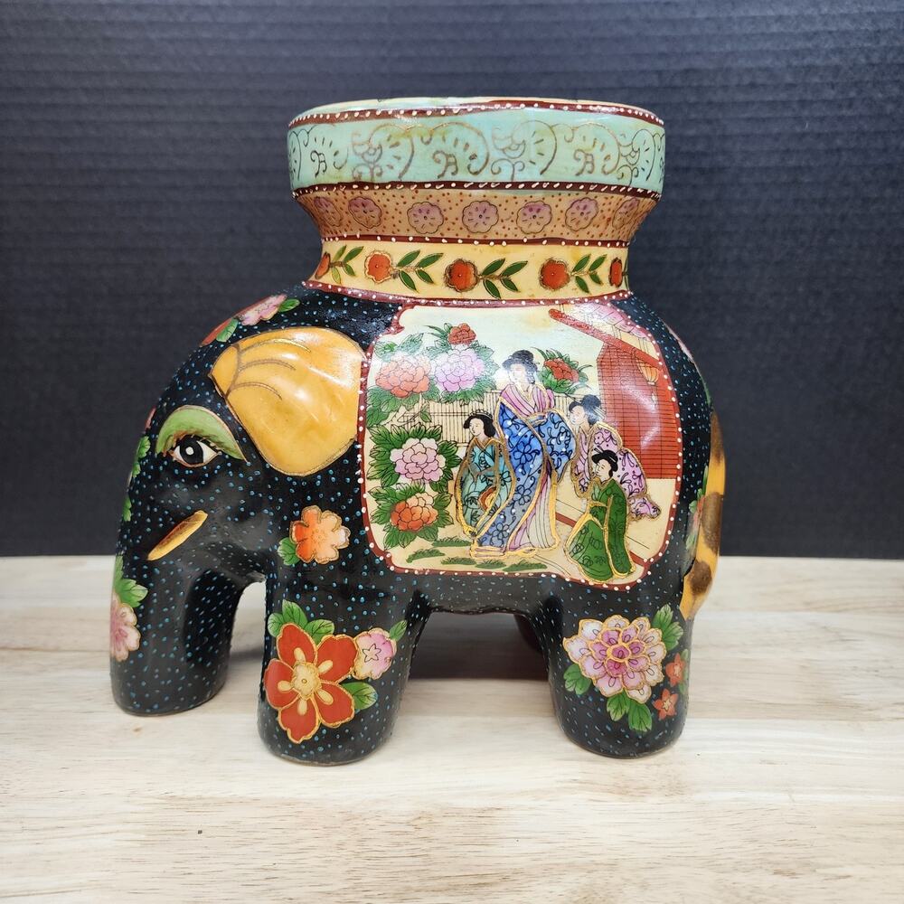 Vtg Asian Elephant Form Ceramic Vase Planter Hand Painted Floral Geisha Moti